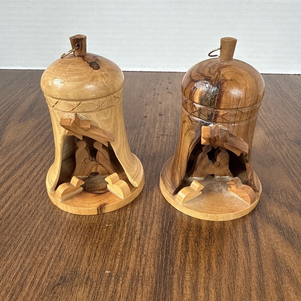 Olive Wood Nativity Bell Christmas Ornament Made In Jerusalem Set Of 2